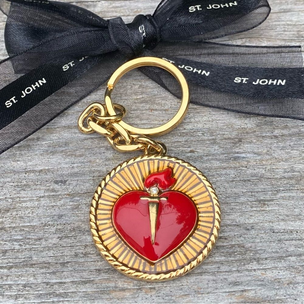 St. John Knits Gold & Red Logo Heart Key Chain/Bag Charm. New Designer Luxury - Picture 2 of 5